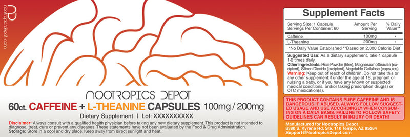 Caffeine 100mg + L-theanine 200mg Capsules